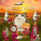 a cat is sitting in a field with flowers and a red alarm clock