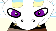 a close up of a cartoon character 's face with big purple eyes