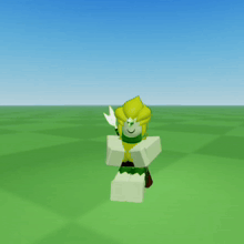 a cartoon character with yellow hair is standing in the grass