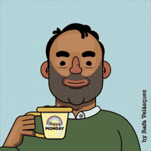 a man with a beard is holding a mug that says happy monday