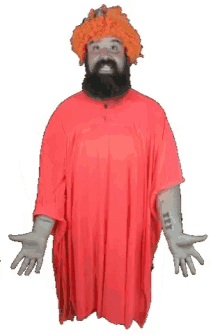 a man with a beard and an orange wig is wearing a red robe and covering his chest with his hands .