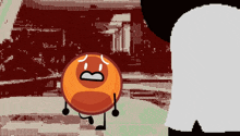 a cartoon character with a sad face is standing in front of a red wall