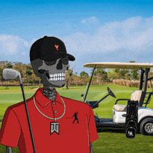 a cartoon drawing of a skeleton holding golf clubs on a golf course with a golf cart in the background