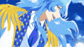 a blue haired anime character wearing a blue and gold outfit