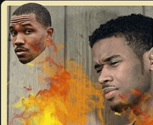 two men are standing next to each other in front of a wooden wall with fire coming out of their faces .