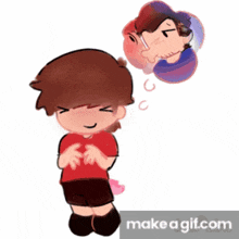a drawing of a boy with his eyes closed and a speech bubble above his head that says make a gif.com