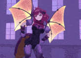 a girl in a purple costume with wings is standing in front of a window