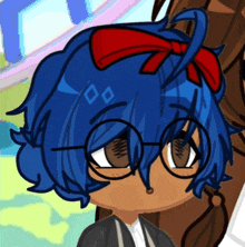 a cartoon character with blue hair wearing glasses and a red bow