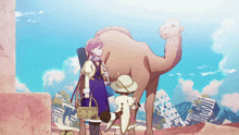two girls standing next to a camel in a cartoon scene