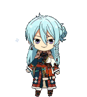 a cartoon character with long white hair and blue eyes is standing in front of a blue background .