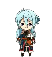 a cartoon character with long white hair and blue eyes is standing in front of a blue background .