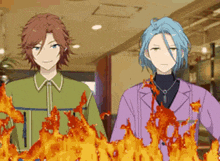 a couple of anime characters standing next to each other with a fire in the background .