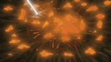 a person is standing in a circle of fire with a sword coming out of it .