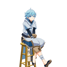 a person with blue hair is sitting on a stool