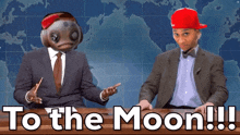 a man in a suit and tie sitting at a desk with the words to the moon