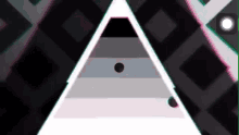 a white triangle with a black circle in the middle on a black background .
