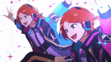 a couple of anime characters with headphones on