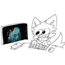 a black and white drawing of a cat sitting at a desk using a computer .
