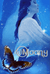 a painting of a woman and a butterfly with the word moony