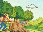 a cartoon of a man cutting a tree stump