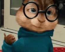 a close up of a cartoon chipmunk wearing glasses and a blue sweater .