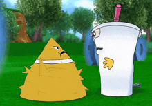 a cartoon drawing of a yellow pyramid and a white cup with a pink straw