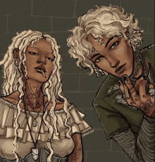 a drawing of a man and a woman with the letters r and s on their hands
