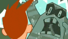 a cartoon character with red hair is standing next to a monster with a clock on its head .