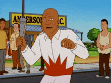 a cartoon of a man holding a microphone in front of a sign that says anderson cc