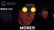a man with a mask on his eyes is screaming with the words more below him