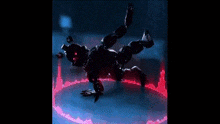 a statue of a robot is dancing in a dark room .