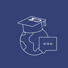 a line drawing of a graduation cap on top of a globe with a speech bubble