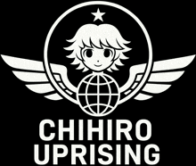 a white chihiro uprising logo with a globe and wings