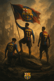 a painting of three soccer players holding a flag with fcb on it