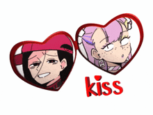 a couple of heart shaped mirrors with the word kiss below them