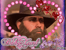 a man with a beard wearing a cowboy hat is surrounded by pink hearts and flowers