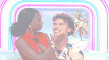 a woman is touching a man 's face in front of a window