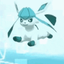 a cartoon rabbit is flying through the air on a blue surface .