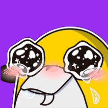 a yellow cartoon character with a purple background and a tear coming out of his eye