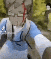 a cartoon character with glasses and blood on his face is standing in a forest .