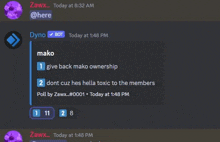 a screenshot of a discord conversation between mako and a bot .