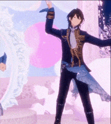 a man in a tuxedo is dancing in front of a pink background .