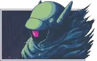 a pixel art drawing of a monster with pink eyes