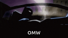 a cartoon of batman flying through the air with the words `` omw '' behind him .