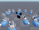 a person in a blue shirt is surrounded by a bunch of cartoon characters with hats on