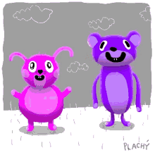 a drawing of two pink and purple cartoon characters with the name plachy written below them