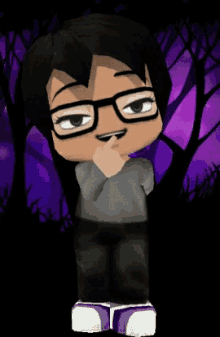 a cartoon character wearing glasses and a grey shirt