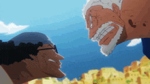 a man with a beard and glasses looks at another man with a beard