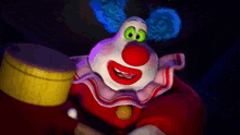 a cartoon clown is holding a yellow box