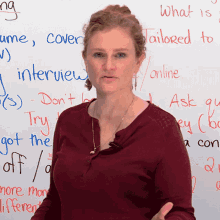 a woman stands in front of a white board that says what is tailored to online